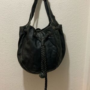 Fossil Black Leather Bucket Bag Braided Drawstring Shoulder Strap white stitches